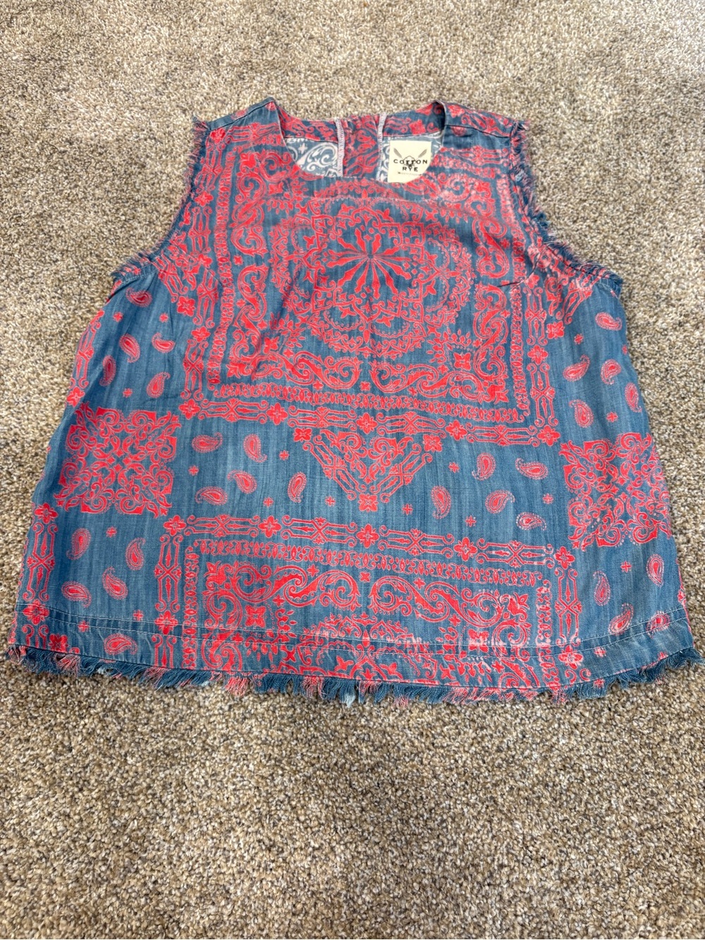 Cotton Rye Blue and Red Paisley Fringe Tank Top